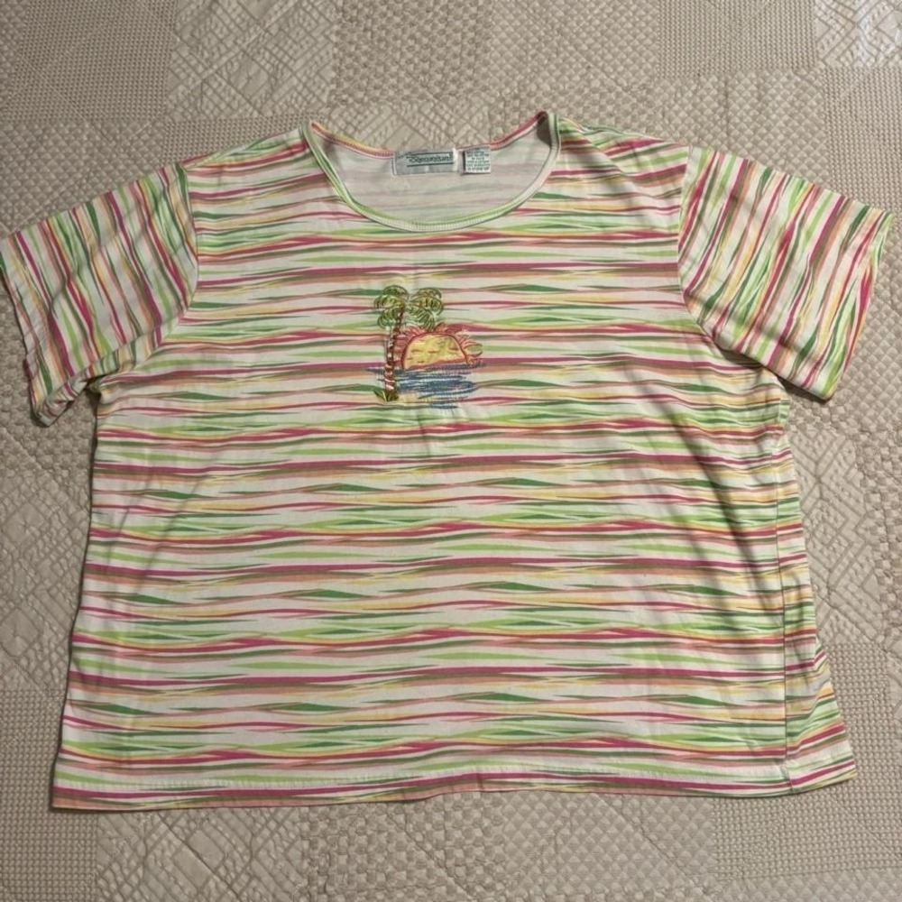 VTG Pink & Green Striped Top w/ Palm Tree Island Embroidery